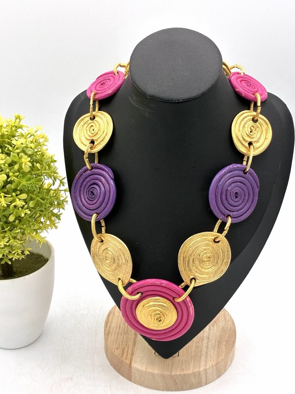 Chunky Wood Spiral Statement Necklace, Purple Pink Gold Boho Artisan Style 18"